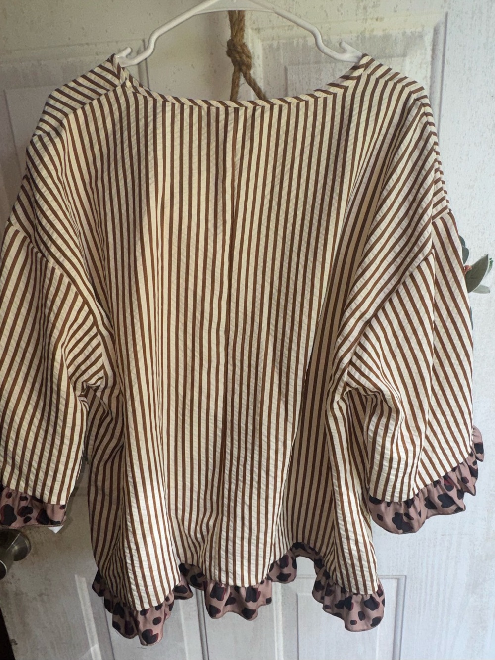 Striped Brown and Cream Women’s Peasant Top with Printed Ruffle